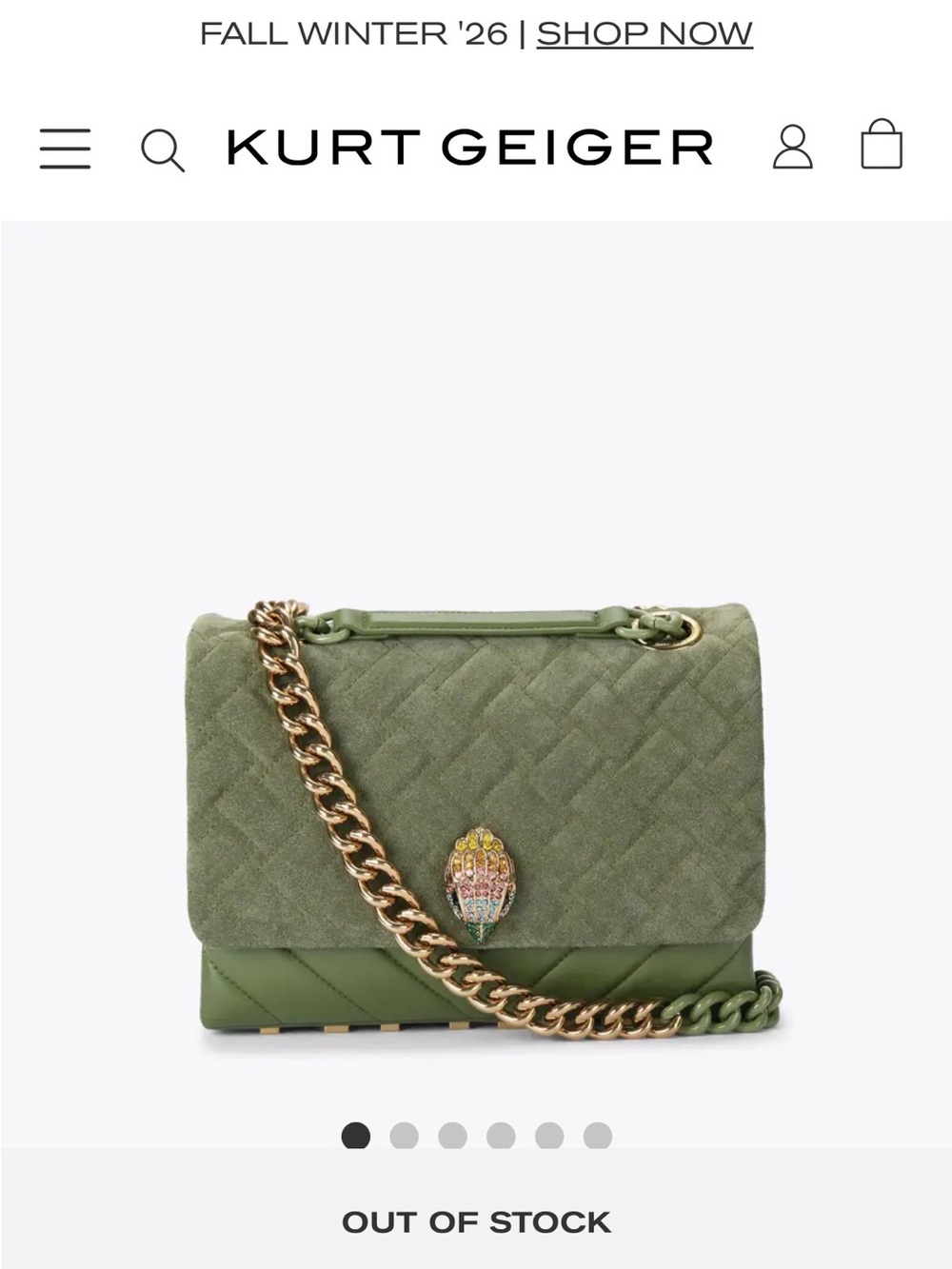 Kurt Geiger Kensington  moss green Quilted Shoulder crossbody bag suede leather